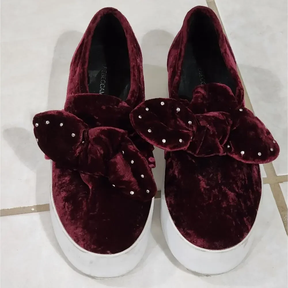Rebecca Minkoff Burgundy Velvet Rhinestone Bow Platform Slip On Sneakers‎ 7.5